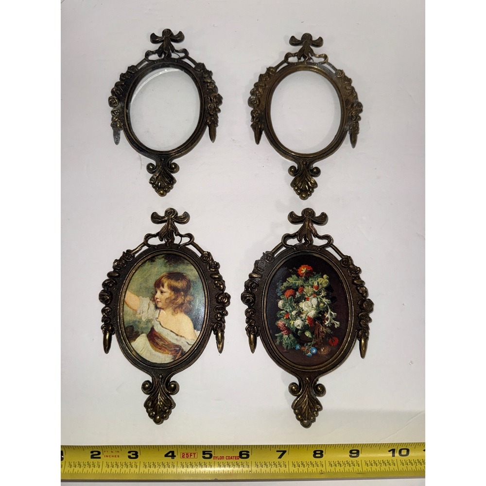 Vintage Ornate Brass Oval Picture Frames Set of 4 Victorian Mini Floral Portrait